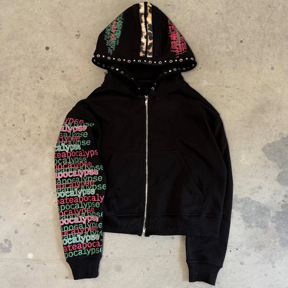 Kapuzenpullover im Y2K-Retro-Stil mit lockerer Metallverzierung und personalisiertem Reißverschluss-Sweatshirt