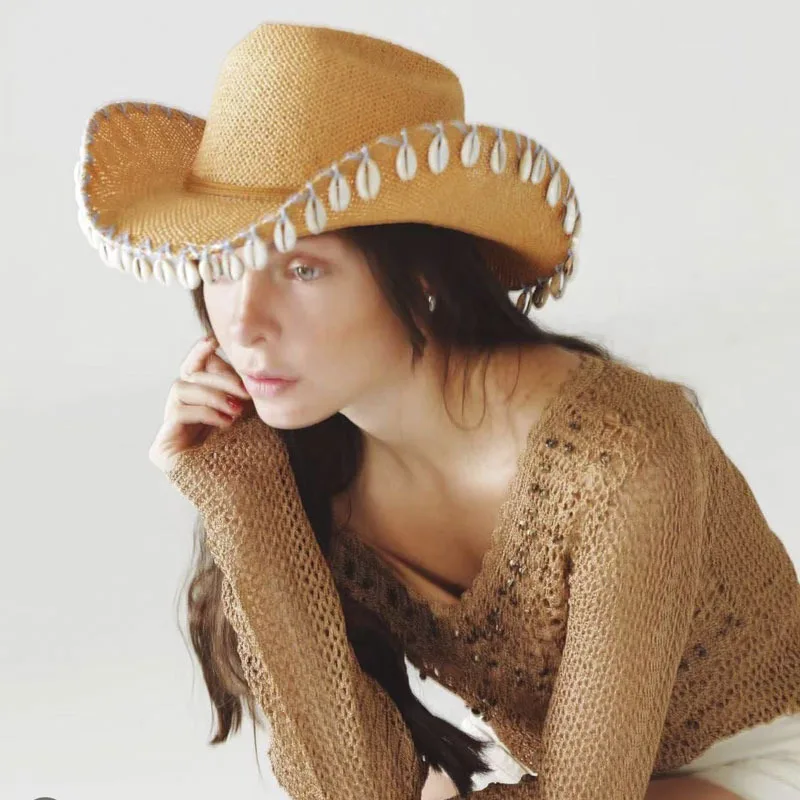 Shell Decor Beach Hat, Summer Seaside Hand Woven Rafia Sun Straw Cap, Western Cowboy Ridge Hat