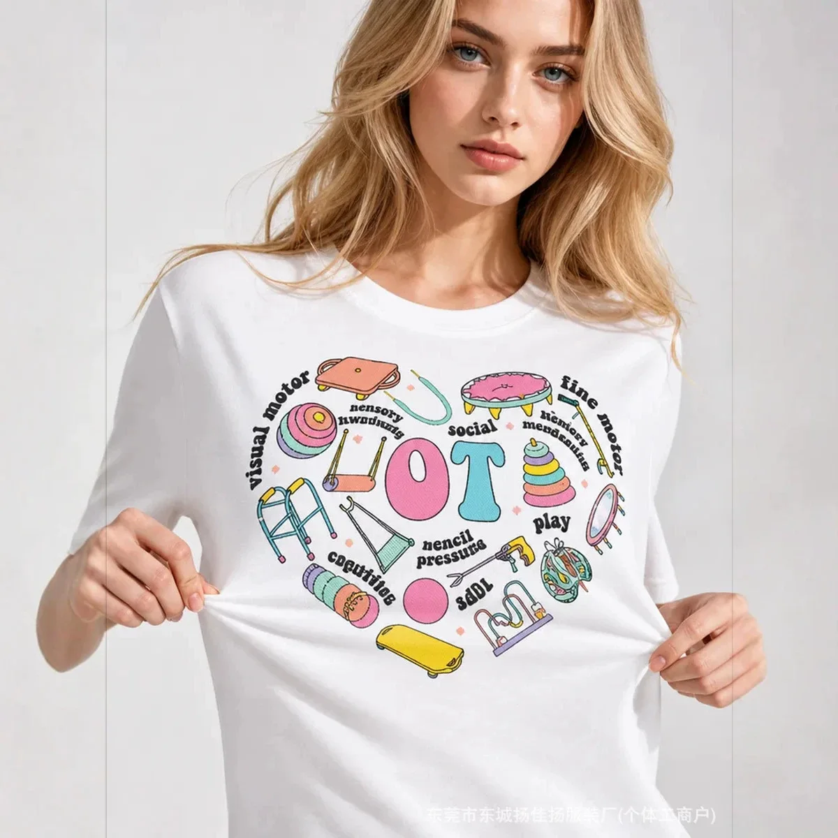 Sweet Cute OT Therapist Gift Heart Cartoon Sensory Play Tools Print Oversized T-Shirt 100% Cotton Soft Summer Beach Casual Women