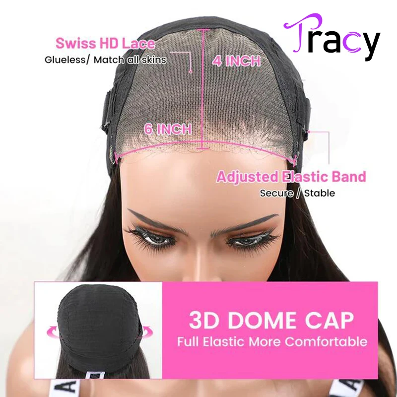 Tracy Wig rambut tanpa lem 6x4 HD, Wig lurus dengan penutup renda untuk pemula