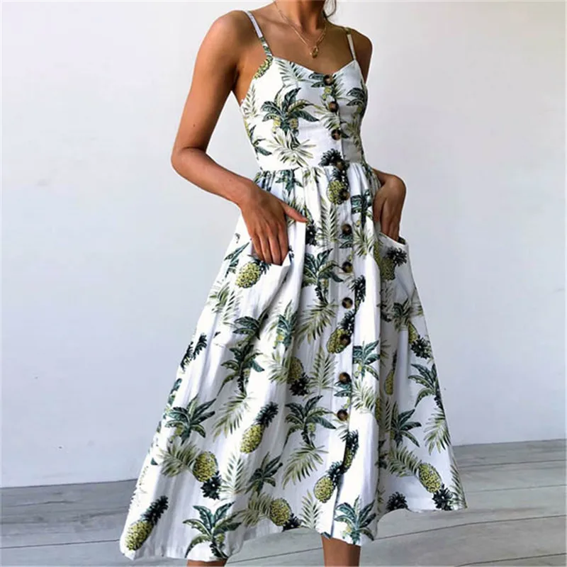 Boho Sexy Floral Dress Summer Vintage Casual Sundress Female Beach Dress Midi Button Backless Polka Dot Striped Women Dress2020