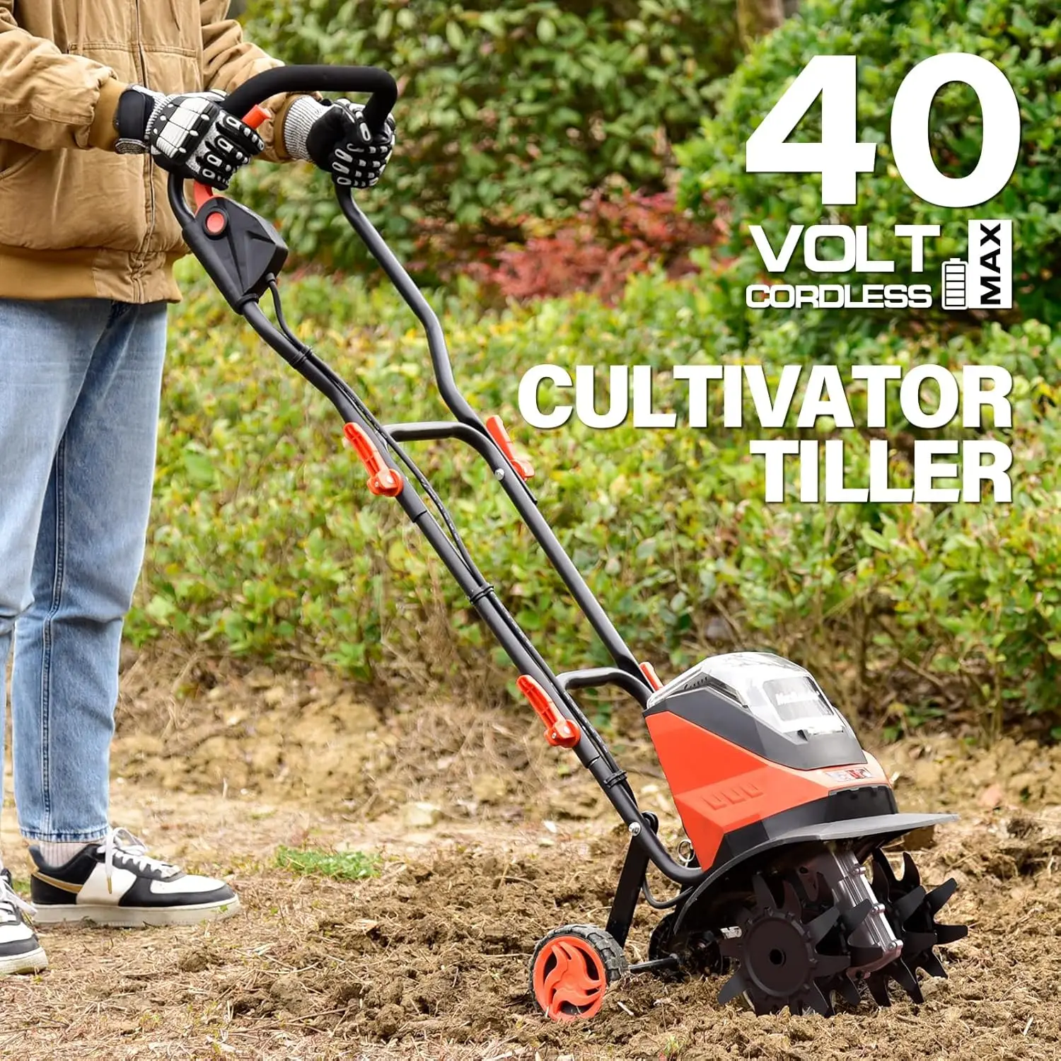 Cordless Tiller Cultivator 40V 12-Inch Brushless Battery Powered Garden Tiller with 4 Steel Tines, Powerful 280 RMP Rototiller