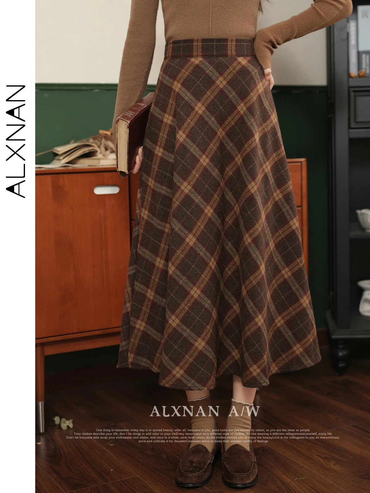 ALXNAN Retro Argyle Midi Skirt for Women 2024 Autumn Winter New Trendy Elegant Plaid A-line Skirts Lady Sold Separately LXN32623