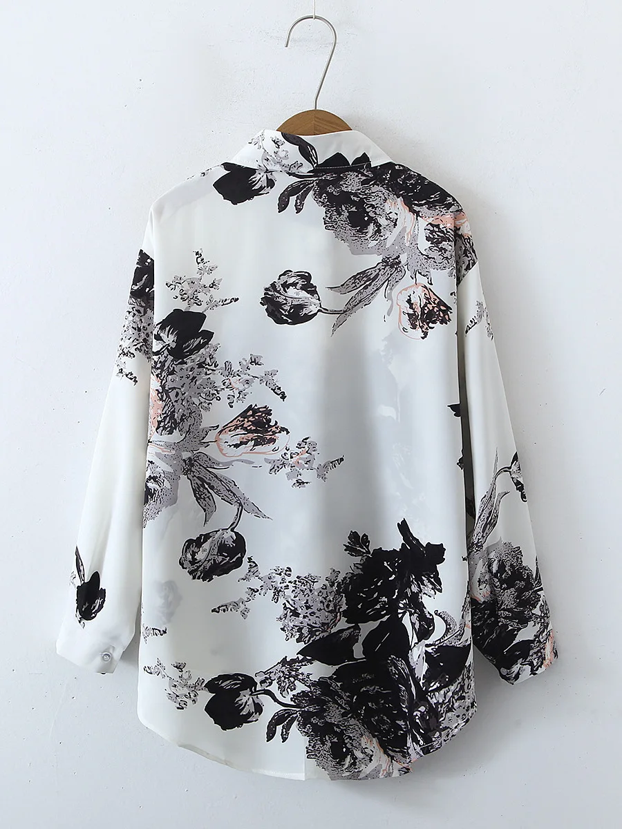 Retro Simple Long Sve irt Straight Cut Street Sle Damen Faion Print Design Casual Regular Thin Frühling Sommer