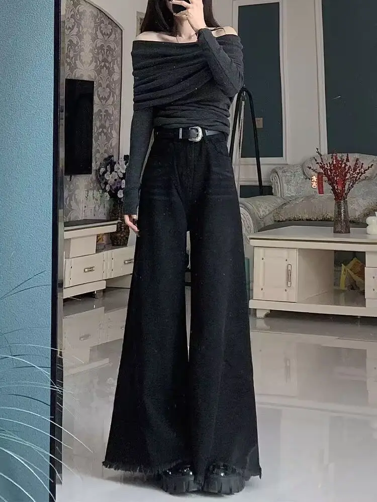 

Черные широкие джинсы, женские новые свободные брюки с высокой талией для похудения, расклешенные брюки с бахромой, прямые брюки Y2K