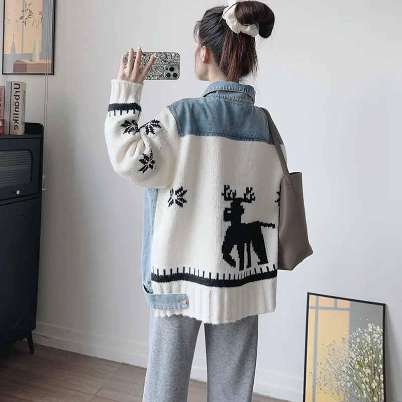 

Cardigan Women Sweaters Coats Denim Splice Full Sleeve Jumpers Y2k Streetwear Elegant Knit Open Stith Coat Autumn Winter