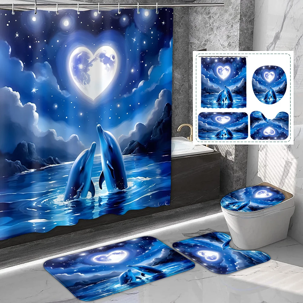 

1 set of moonlit blue dolphin print shower curtains, dreamy ocean style, with plastic hooks and bathroom