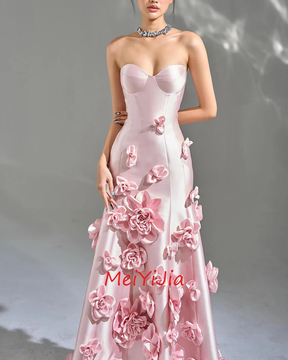 MeiYiJia Strapless Simple Floor-Length Sleeveless Flower Lace up Saudi Arabia Sexy Evening Birthday Club Outfits Summer 2024