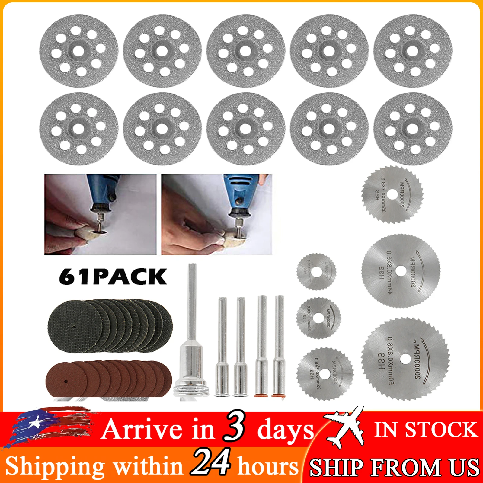 61Pcs Cutting Wheel Discs Set HSS Diamond Cutting Tool Circular Saw Blades Resin Cut Off Discs for Metal Wood Glass Cutting