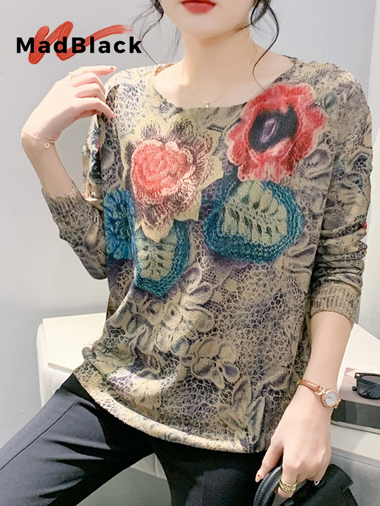 

MadBlack-Women European Clothes Sweaters, Sexy O Neck Floral Print, Fashion Long Sleeve Loose Knitwear, 2025 Winter New T5N968CC