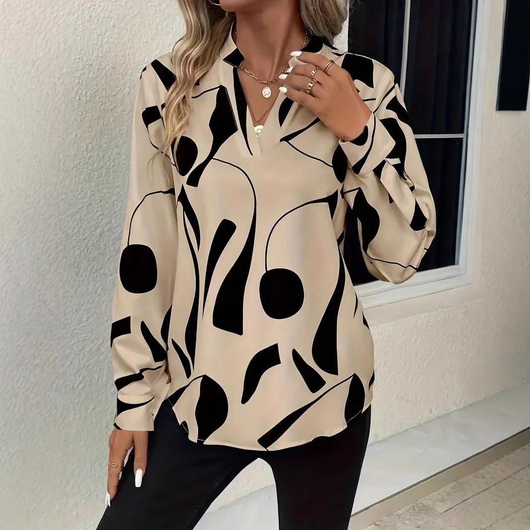 

Women's Printed Notched Collar Shirt Casual Long-sleeved Shirt Top