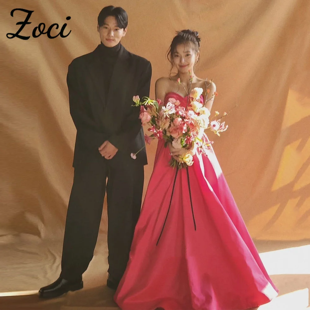 

Zoci Elegant Rose Red Korea Wedding Dresses Sweetheart Taffeta A Line Photos Shoot Party Gowns Customized Draped Bride Dresses