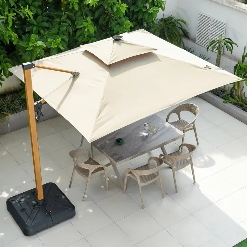 [280 Grams Canopy Polyester]Quality Assured Heavy Duty Outdoor Umbrella Acrylic/Sun Brella AL/Wooden Solar Power Light