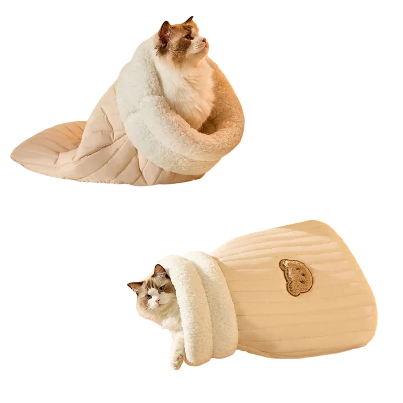 Thickening Warm Cat Bed Sleeping Bag | Cat Nest Drill Hole Fully Wrapped Winter Safety Half Closed Kitten Small Pet Bed House