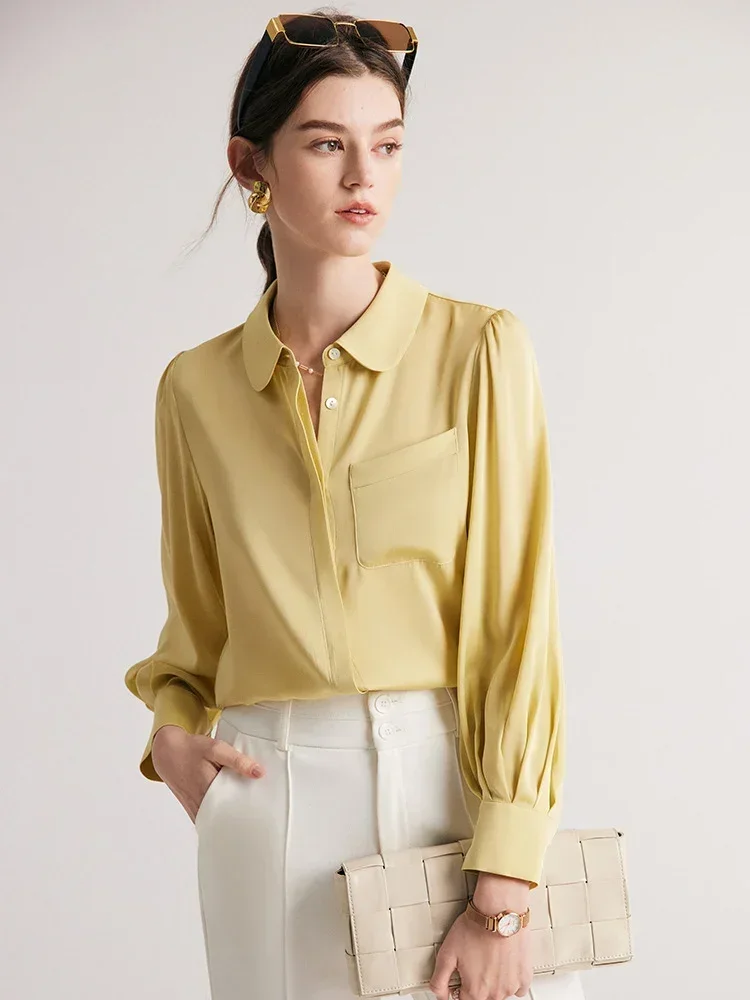 Suyadream camisas femininas sólidas 90% seda 10% elastano bolso no peito mangas bufantes blusas chiques 2023 outono inverno senhora do escritório topo azul