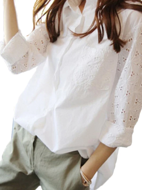 

Women's Long Sve Patchwork Hollow out irt Pure Color Street Sle Loose Fit Button up Spring Faion Ladies' Blouse