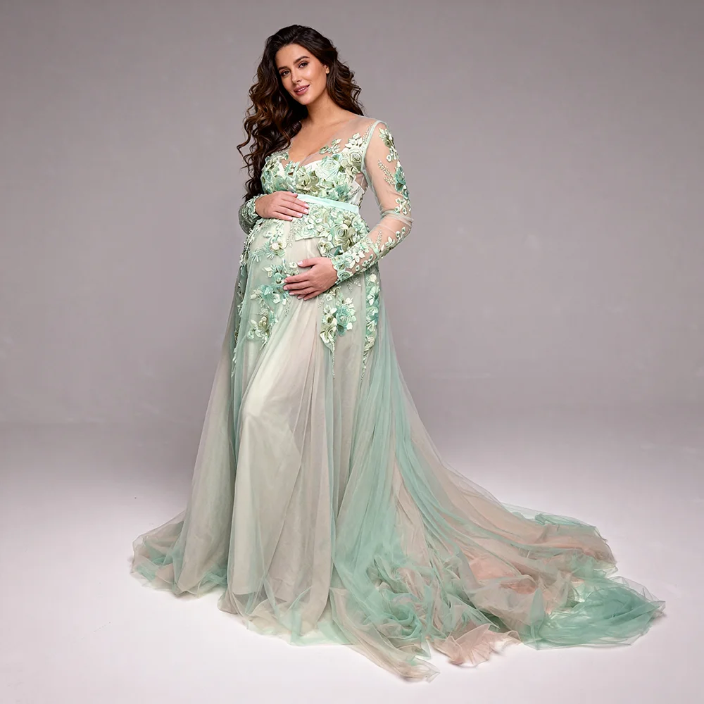 Maternity Dress Photoshoot Green V-Neck Long Sheer Sleeve 3D Floral Lace Applique Baby Shower Dress for Pregnant Woman YW6492D