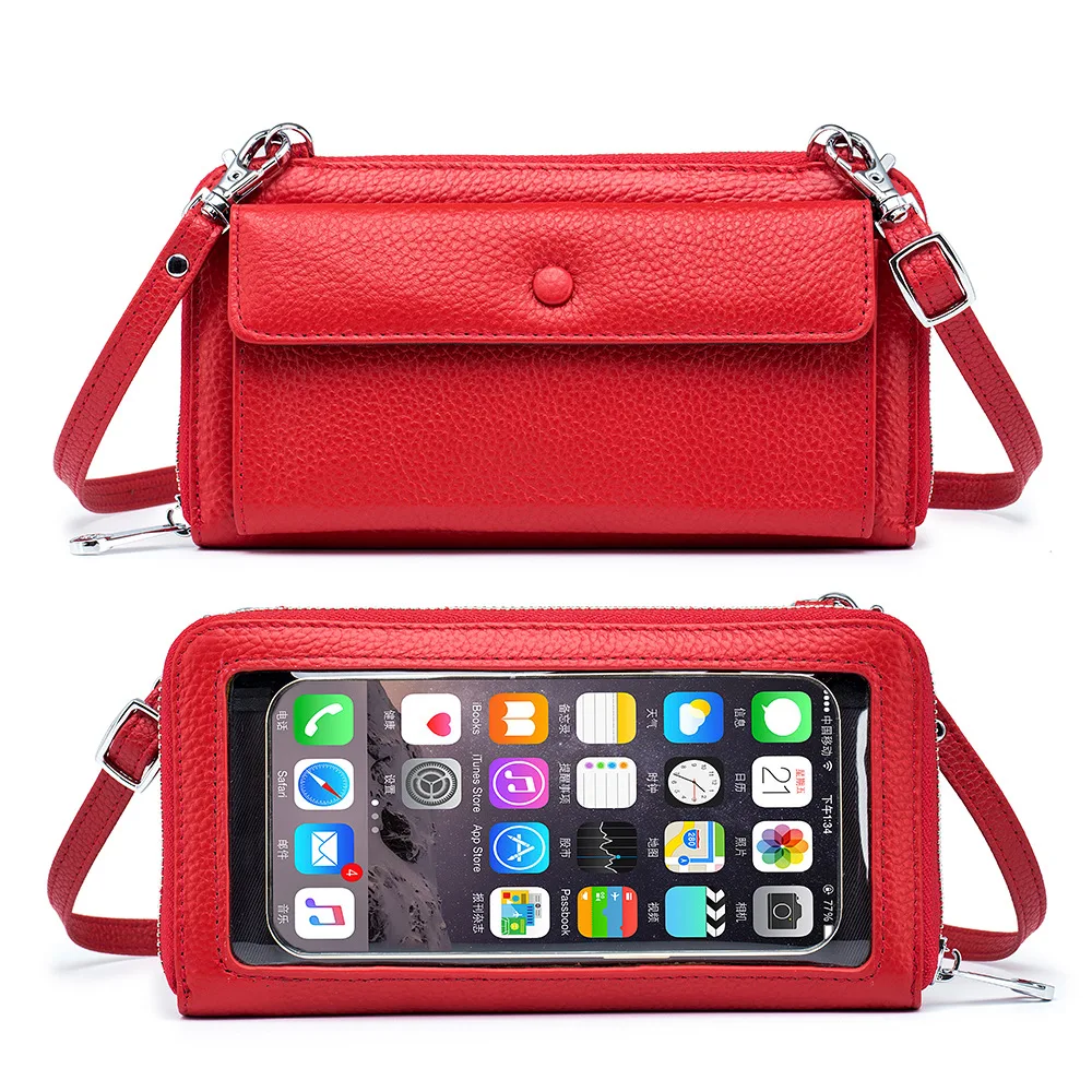 Women's Mini Shoulder Bag Touch Screen Genuine Leather Mobile Phone Bag Women's Transparent Multi-function Messenger Wallet