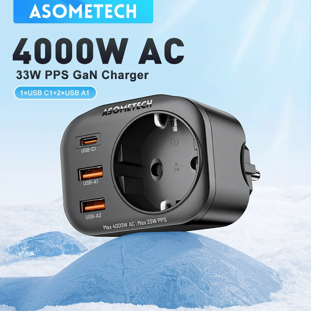 ASOMETECH 33 W GaN Ladegerät PPS PD USB C Ladegerät Steckdose mit 4000 W AC Steckdosen Steckdosenleiste Schnellladegerät für iPhone 14 Samsung