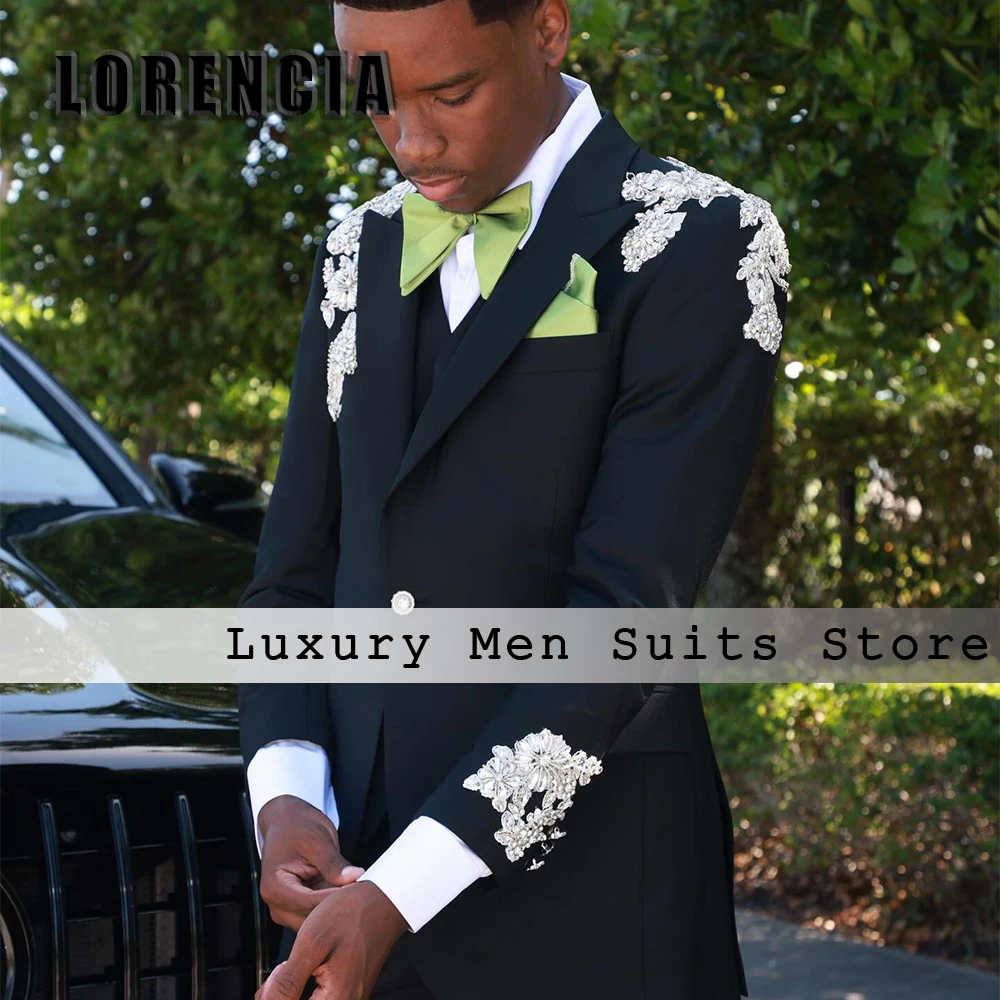 Simple Crystal Ornaments Suits for Men 3 Pieces Tuxedos Evening Party Customized Blzer Pants Vest jaqueta masculina couro