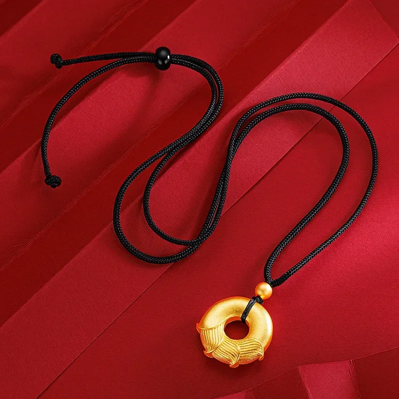 

9999 Real Gold 24K Ethnic Wind Ailian Said Ancient Gold Safety Buckle Lanyard Necklace Lotus Safety Buckle Plain Ring Pendant