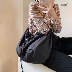 Women Bag Simple Nylon Bucket Fashion Solid Color Elastic Cord Shoulder Bag Purses Handbags Light Luxury Black Tote Bag