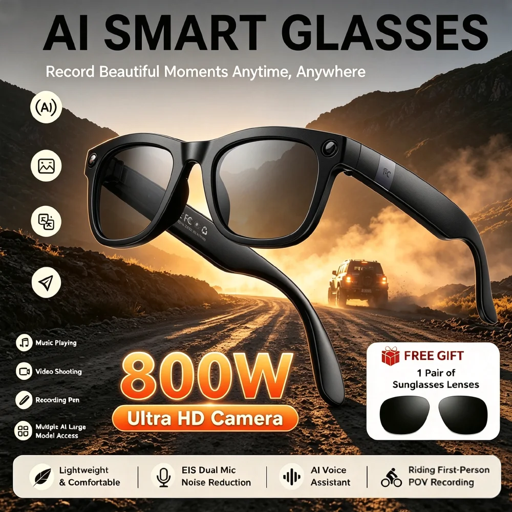 2026 New AI Smart Glasses AI Translation 8MP HD Camera 2K Shooting Image Bluetooth Call Recording Music Smart Sunglasses