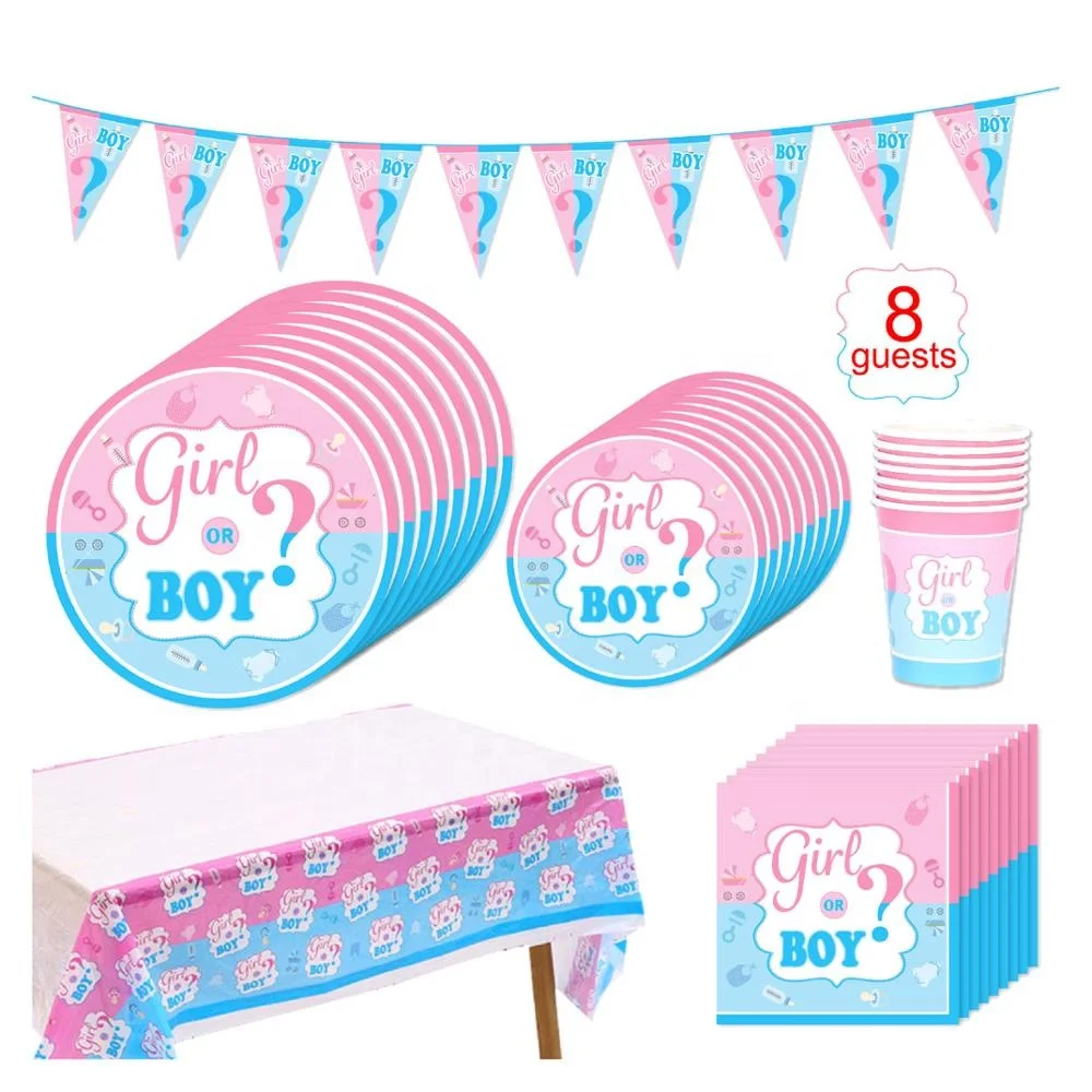 

Eco Friendly Baby Shower Gender Reveal Set With Plates Cups Napkins Confetti Balloons Tablecloth 57 Pieces Kit