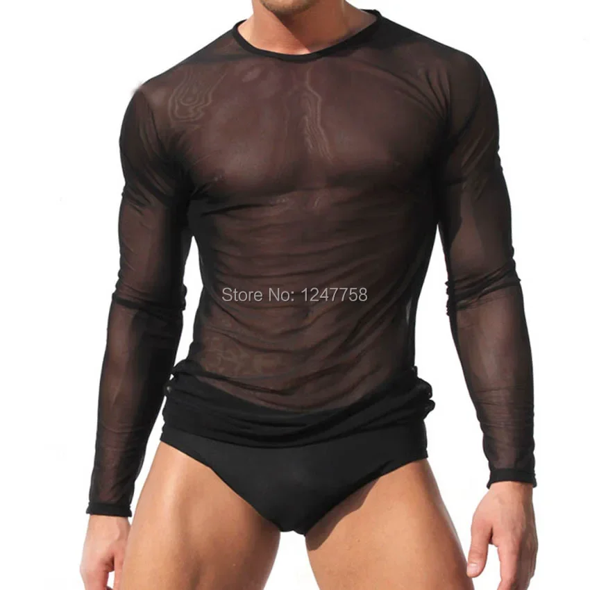 Mens Long Sleeve Shirts Sheer Mesh Men Shirt Gay Wear Tight See Through Robe Sleepwear Coat 2016 New arrival O neck shirts