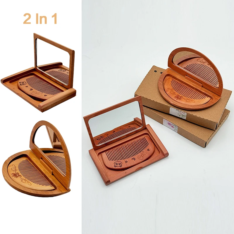 Durable 2 in 1 Wooden Comb Mirror Set Mini Peachwood Makeup Mirror Rectangle Vintage Foldable Pocket Mirror Girl Lady