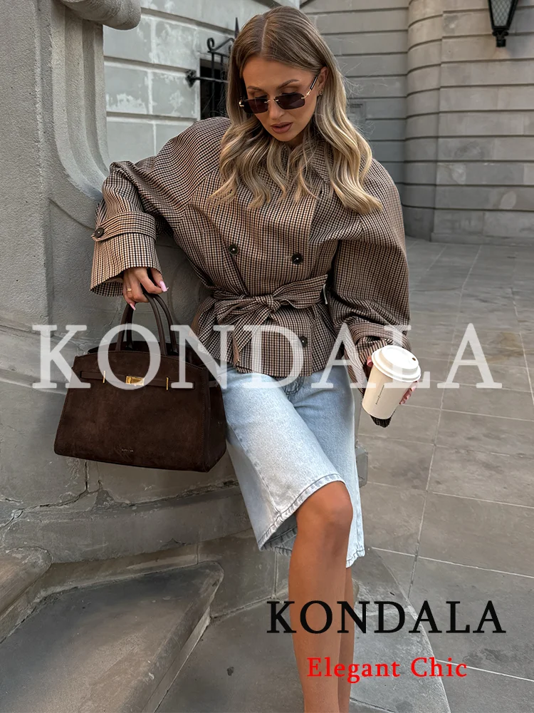KONDALA Damen Trendige Karierte Kurze Jacke Doppelreihig mit Gürtel und Taschen Neue Mode 2026 Frühherbst Streetwear Trenchcoat