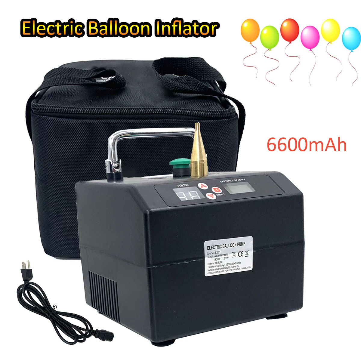 120W Electric Balloon Pump 110V-240V Balloon Inflator Copper Nozzle Air Blower with Battery Digital Timer and Counter for Party