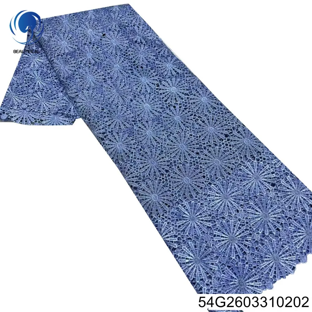 

Изысканное синее водорастворимое кружево с африканским дизайном 2026 года, новое нигерийское чистое кружево, изысканное и красивое банкетное платье 54G26033102