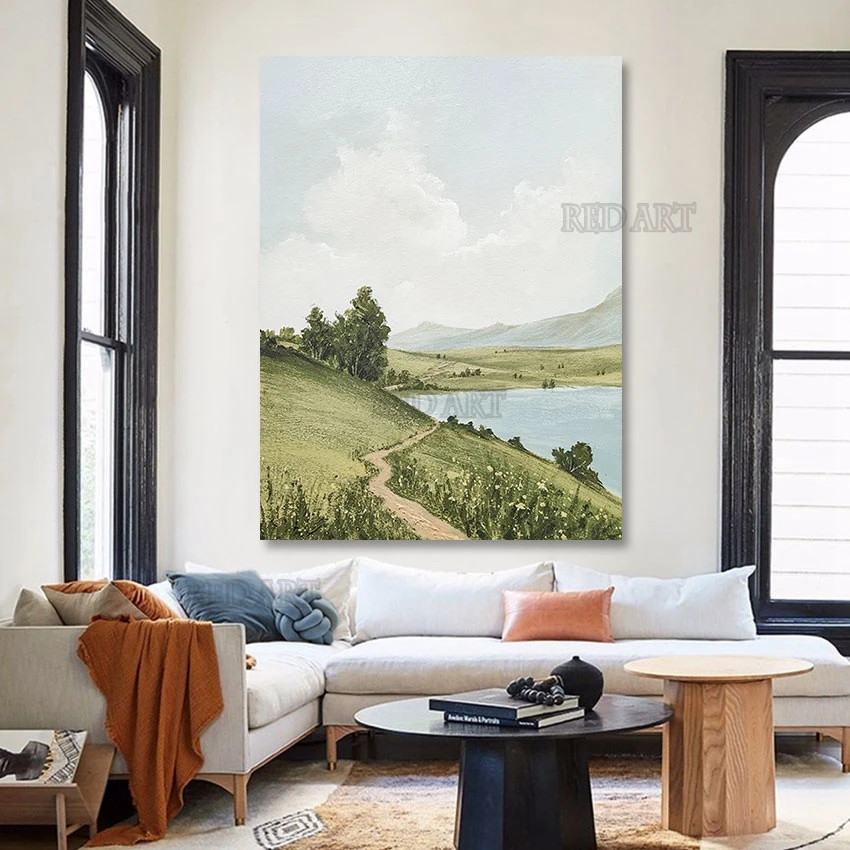 Beautiful Lake Landscape Oil Painting on Canvas, Acrylic Picture Design, Abstract Murals Wall Art for Modern Hotel Showing