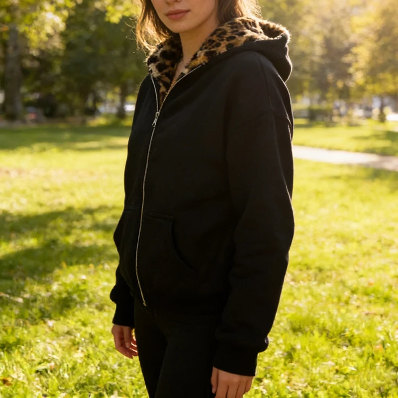 

Vintage Leopard Plush Long Sleeved Hoodies Zipper Gothic Hip Hop Autumn Winter Sweatshirt Women Fashion Loose Casual Warm Coat