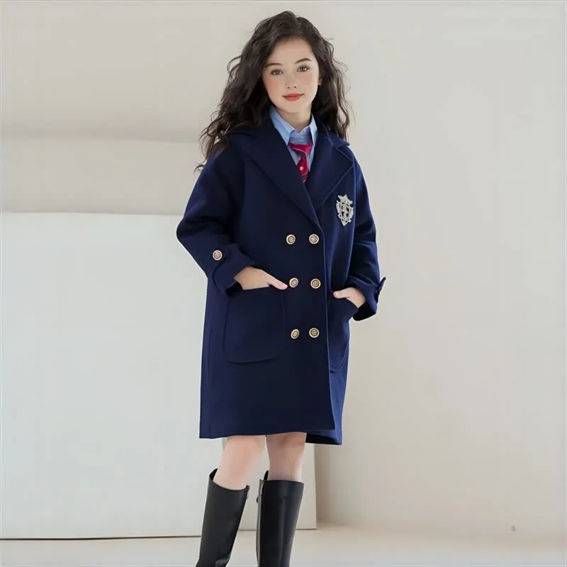 

Winter Girls Outerwear Preppy Style Casual All-match Navy Mid-length Wool Coat for Kids Thick Warm Teens Children School Jacket