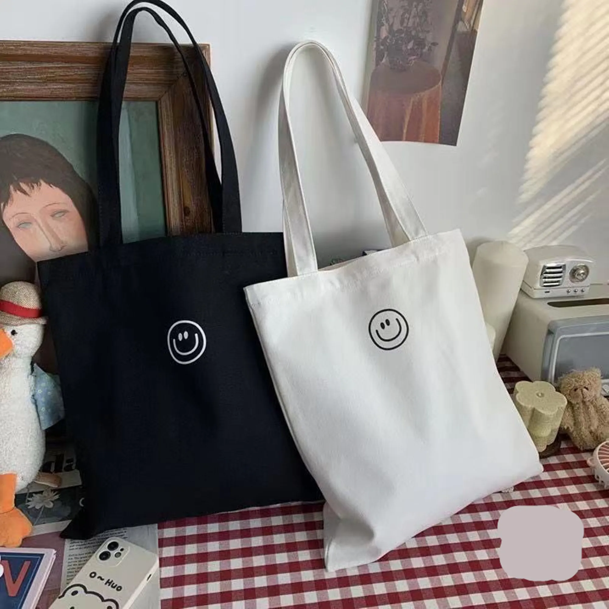 Women Canvas Shoulder Bag Smiling Face Print Ladies Casual Handbag Tote Bag Large Capacity Cotton Reusable Shopping Beach Bag