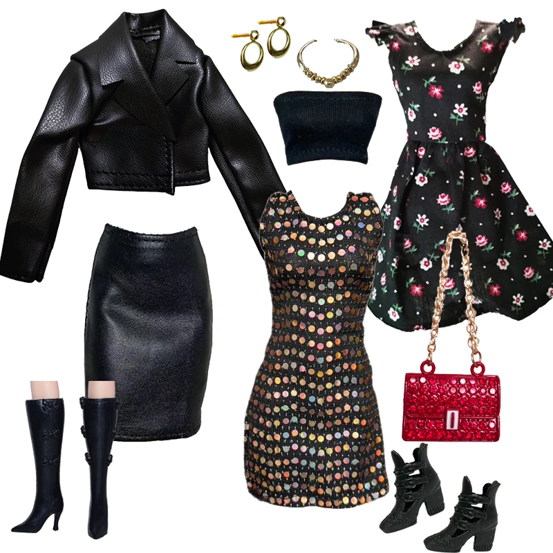 ชุดเสื้อผ้าตุ๊กตาแฟชั่นผสมผสานเสื้อโค้ทหนัง ชุดเดรส สำหรับตุ๊กตาแฟชั่นขนาด 12 นิ้ว ชุดเสื้อผ้าตุ๊กตาทำมือขนาด 30 ซม. พร้อมอุปกรณ์เสริม