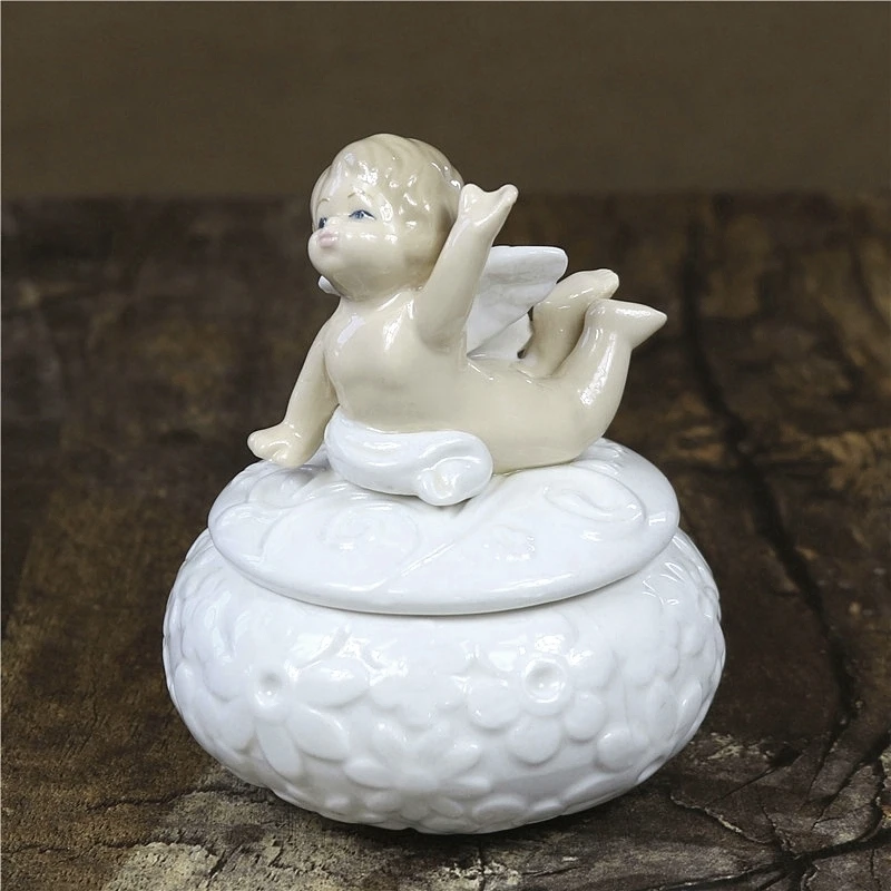 Cute Porcelain Little Angel Miniature Jewellery Box Decorative Ceramics Figurine Cupid Jewelry Casket Organizer Ornament Craft