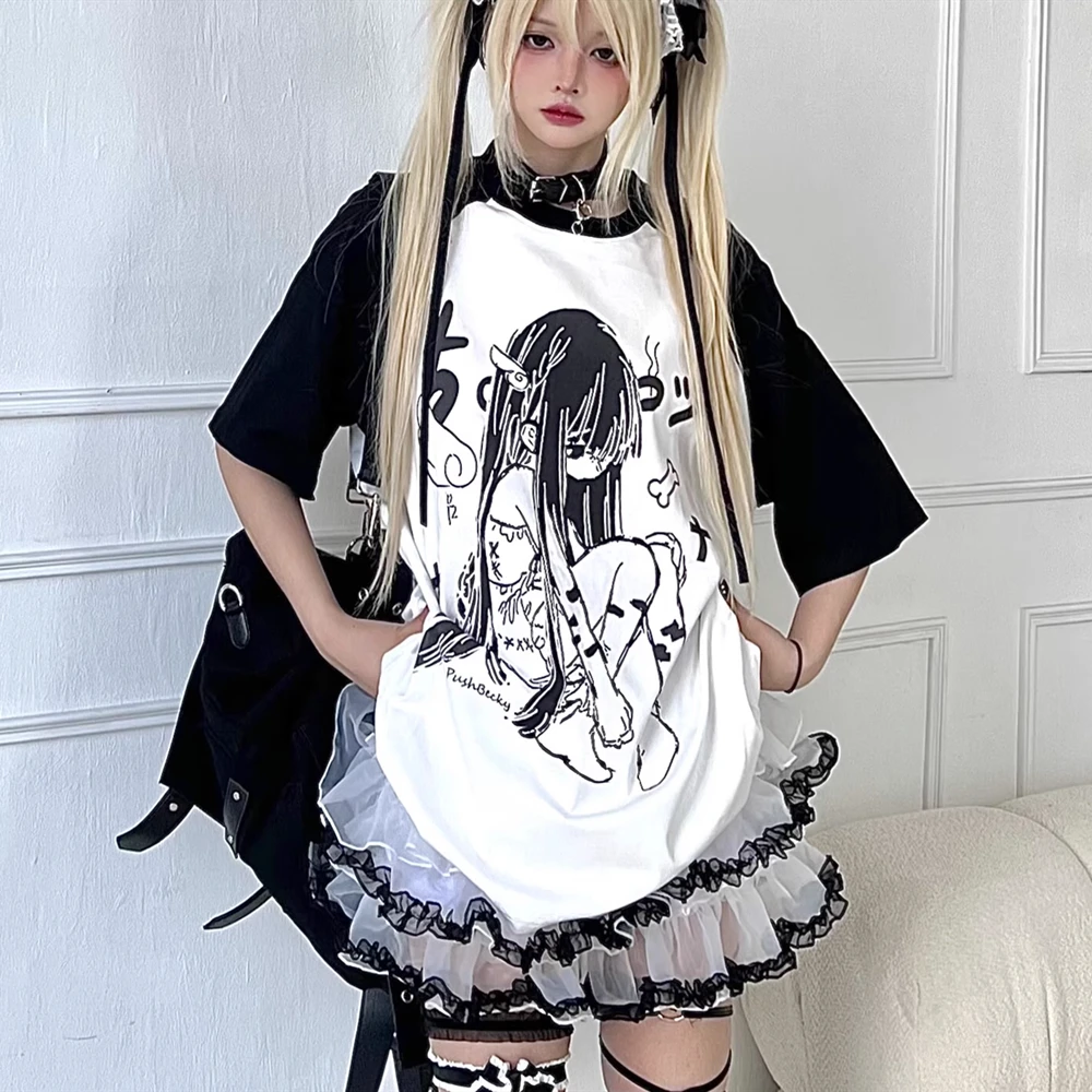 Retro Anime Lovely Kanji Cartoon Graphic T Shirts Summer Raglan Sleeve Oversized Tops Students E-girl Grunge Y2K Kawaii Clothes