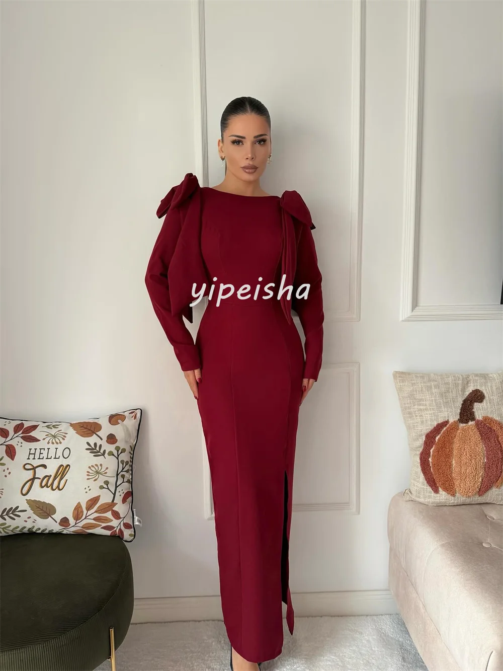 カスタマイズされたマッチングファッションジャージプリーツボウストレートスクープネックロングドレスオーダーメイドの特別な機会のドレス絶妙な中国風