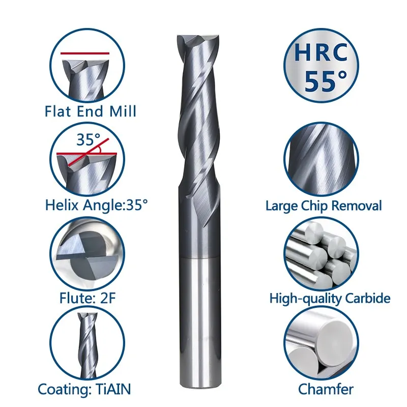 HRC 45 Carbide End Mill 1-18mm 2 Flute CNC Router Bit Machine Milling Tools Tungsten Steel CNC Milling Bit