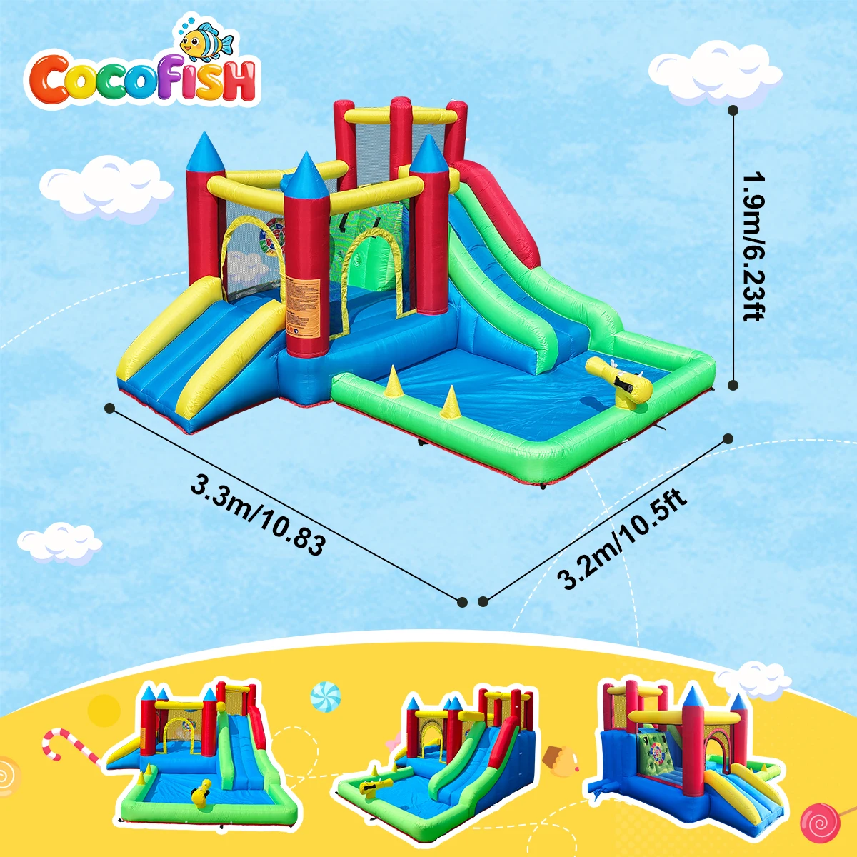 Cocofish Oxford Cloth Inflatable Bounce House Jumping Castle with Water Slide & Splash Pool | Castillo Inflable De Tela Oxford