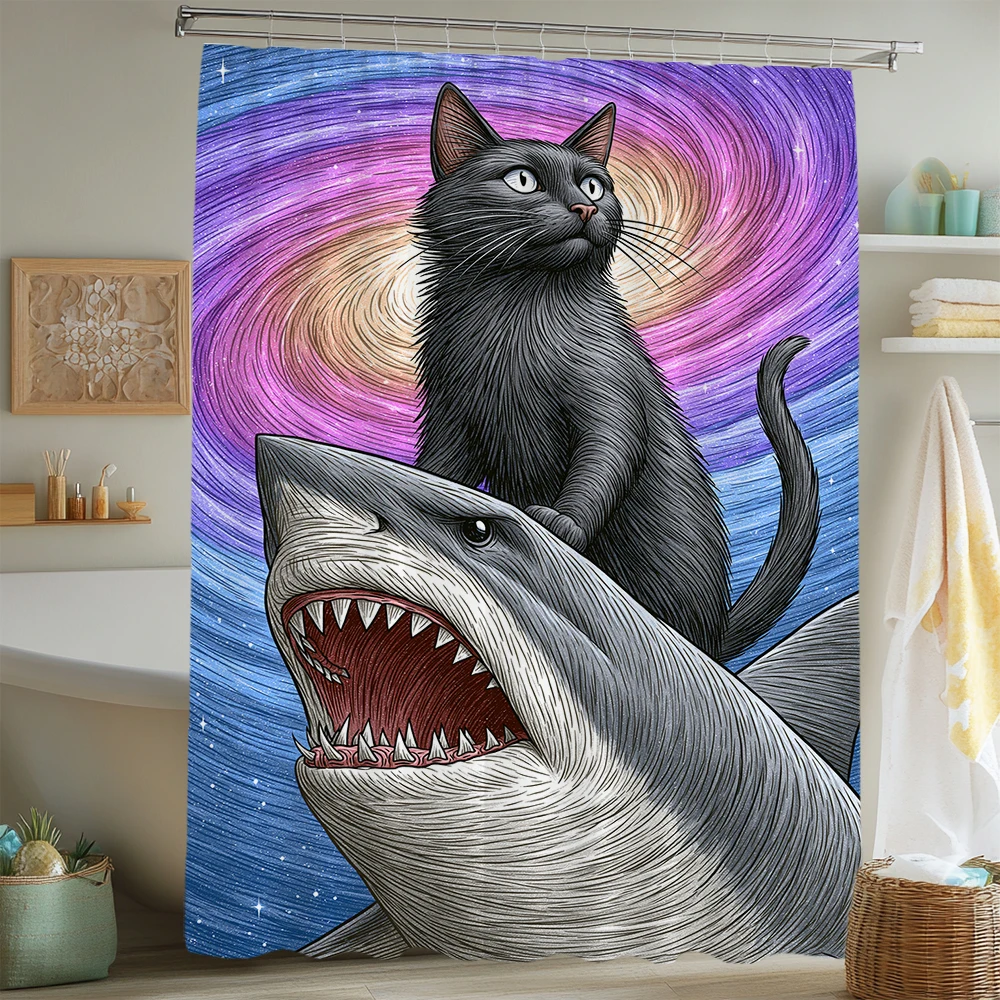 1 pc Black Cat and Shark Shower Curtains With Hooks , Bathroom Curtains ,Unique Design Printed Polyester Home Decoration Curtain
