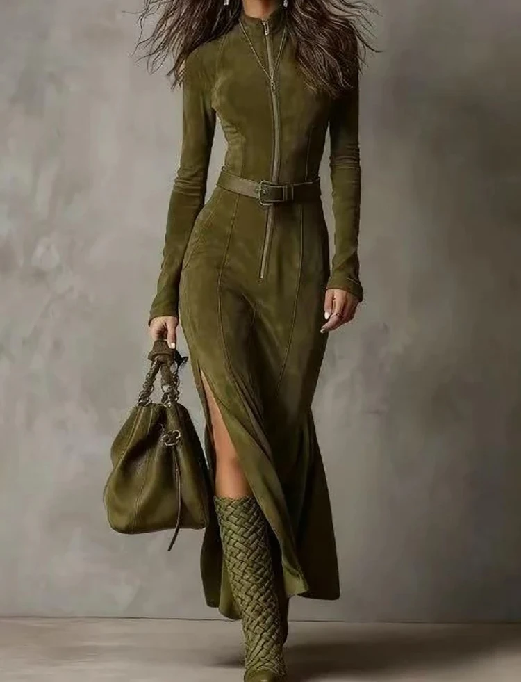 فستان ماكسي بياقة واقفة وسحاب مرقع لربيع الخريف للنساء فستان حفلات أنيق بأكمام طويلة، فستان أنيق وبسيط للسيدات