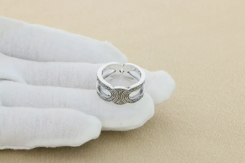 S925 Sterling Silver Tang Grass Pattern Ring for Men's Trendy Brand Retro Fashion Jewelry Versatile Trendy Thai Silver Personali