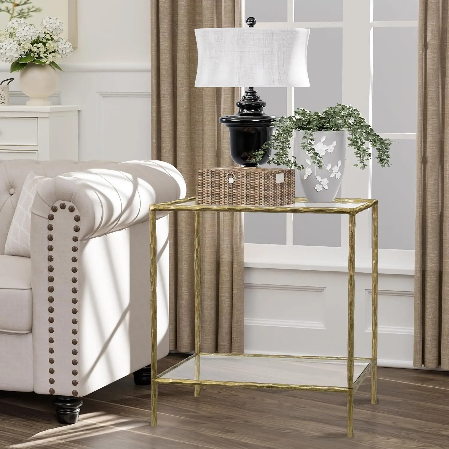 Hand Forged Side Table 2 Tier, Vintage End Table Glass Top Coffee Table, Accent Table with Solid Hammered Frame, Suitable for Li