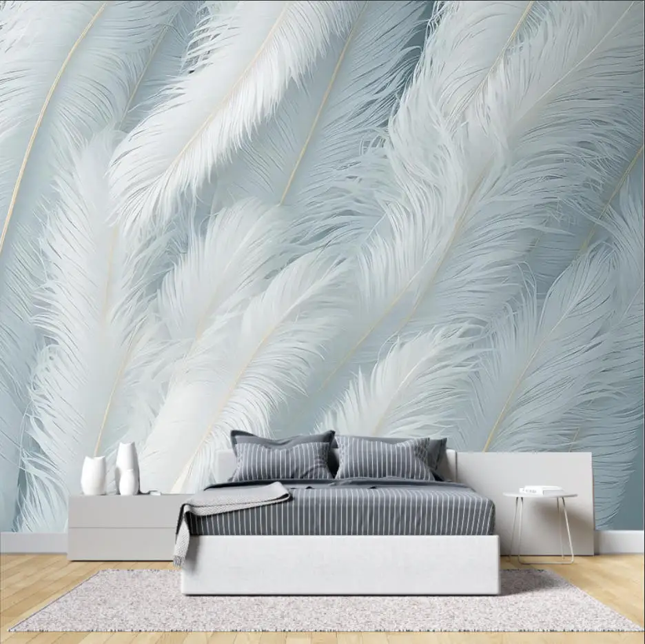 Customized Mural Wallpaper Blue Feather White Feather Modern TV Hotel Sofa Background Wall Decorative 3d Wallpaper