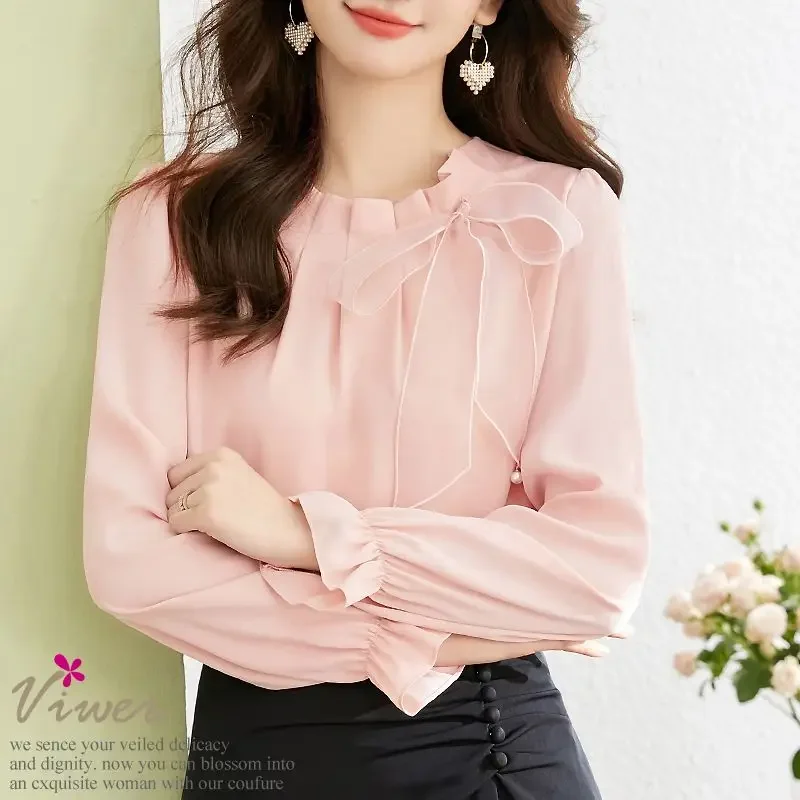 

Casual Solid Color Butterfly Bow Sense of Design Blouse Women Long Sleeve O-collar All-match Pleated Chiffon Pullover Shirt