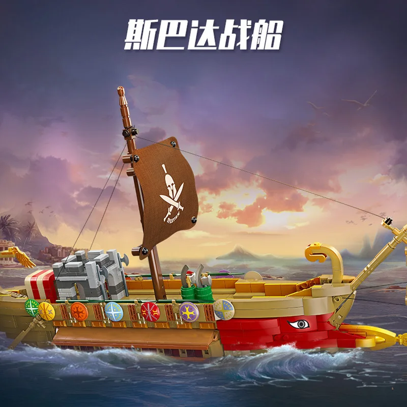 IN STOCK 1033pcs MOC Idea Spartan Warship Building Blocks Model Ship Assembling Bricks Toys for Children Birthday Gift Set